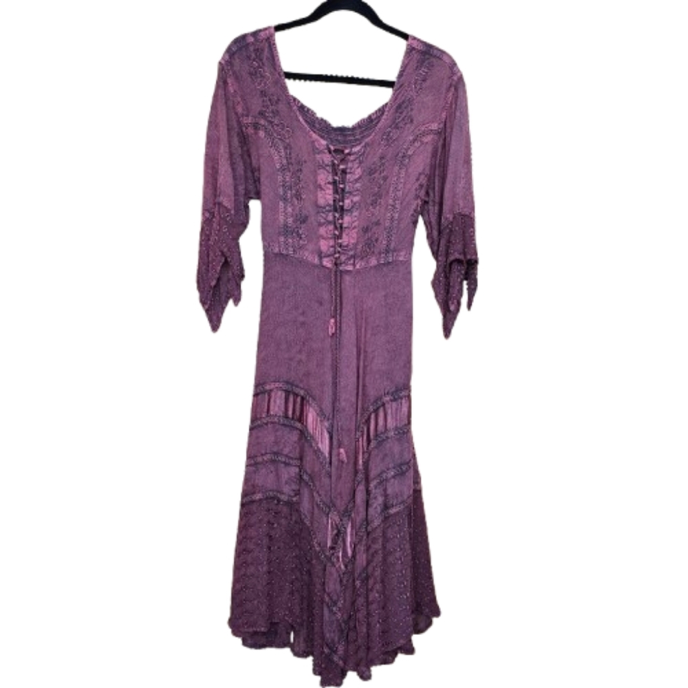 Y2K Mauve Rayon Embroidered Asymmetrical Hem Fairy Midi Dress Large